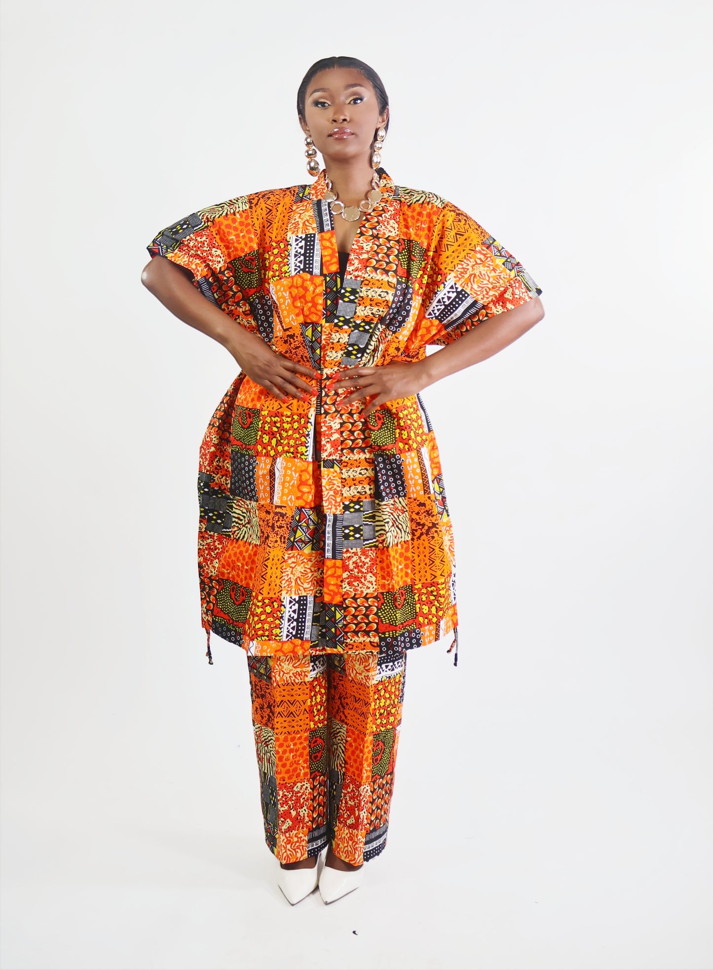ANKARA KIMONO & PANT SET – Orange Black