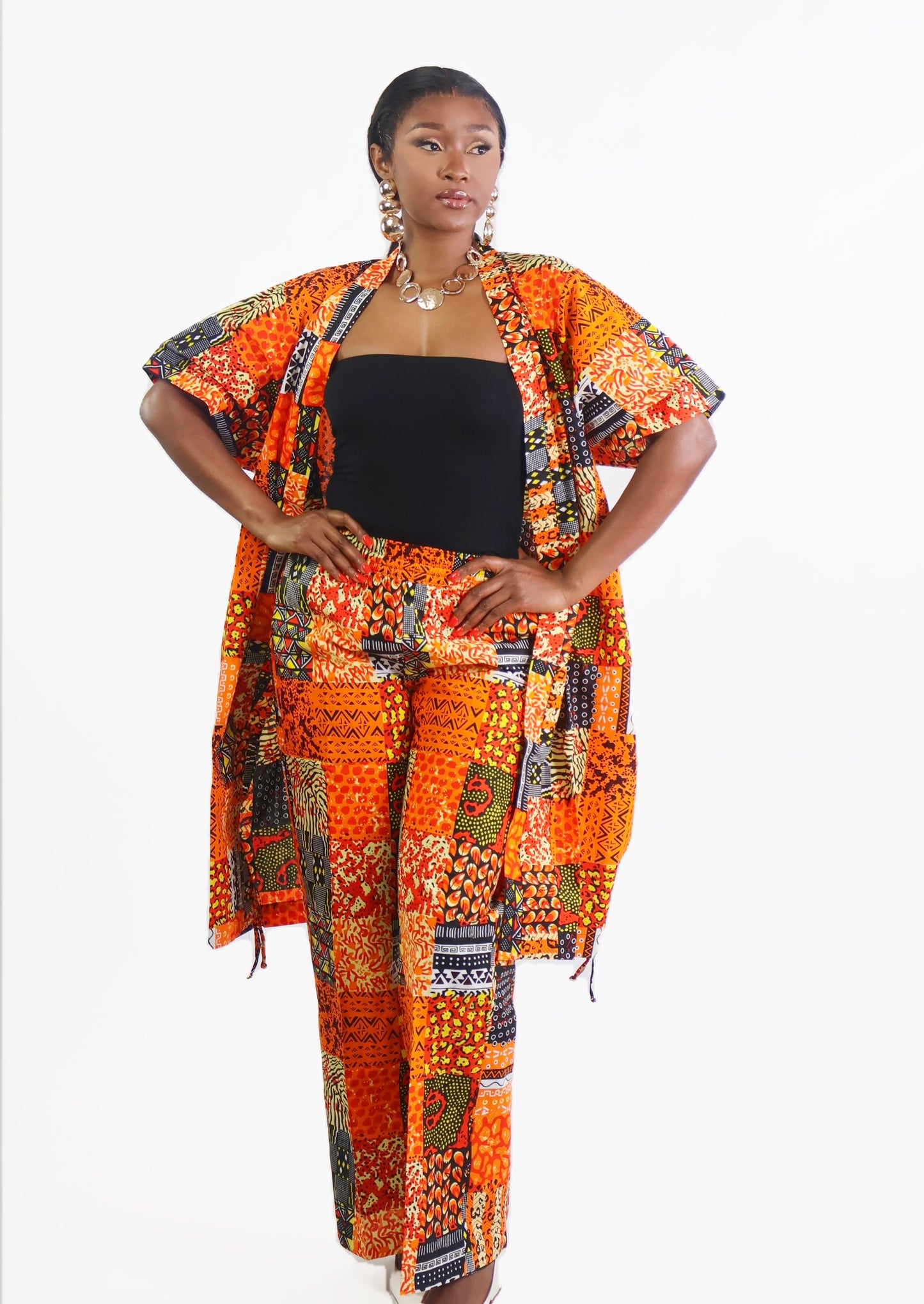 ANKARA KIMONO & PANT SET – Orange Black