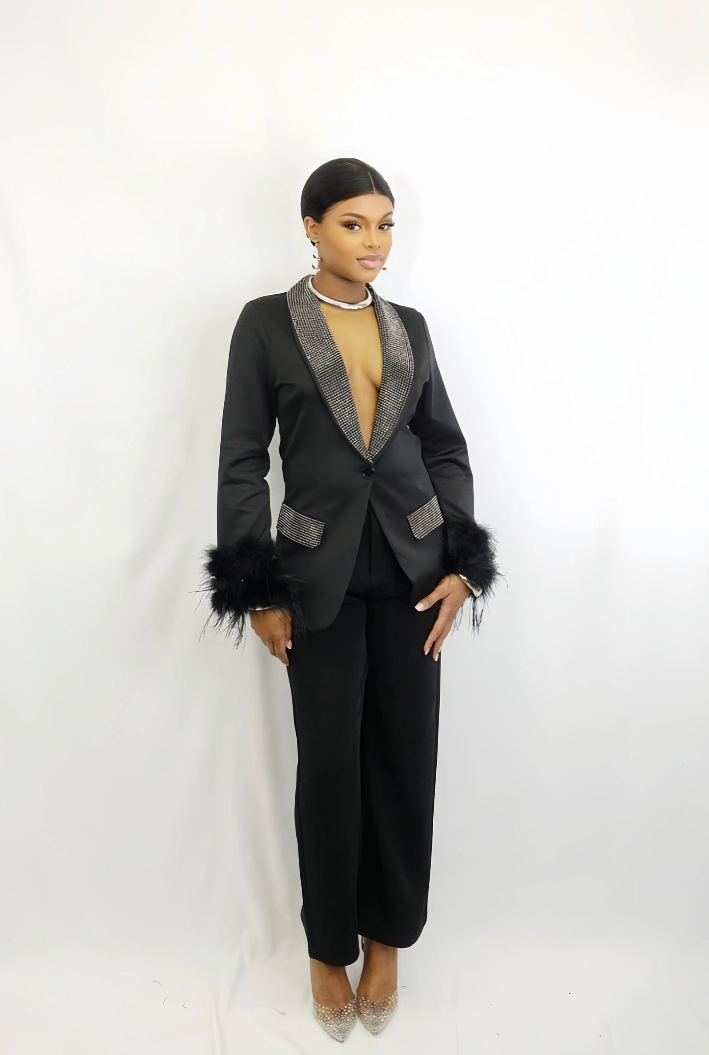 Black Rhinestone Blazer and Tailored Pants Set MANIA BY JENNIFER