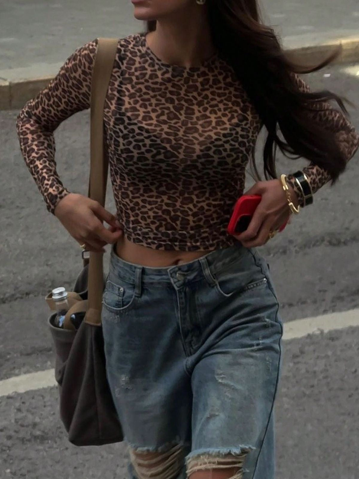 Long sleeve Leopard Print Sheer Top