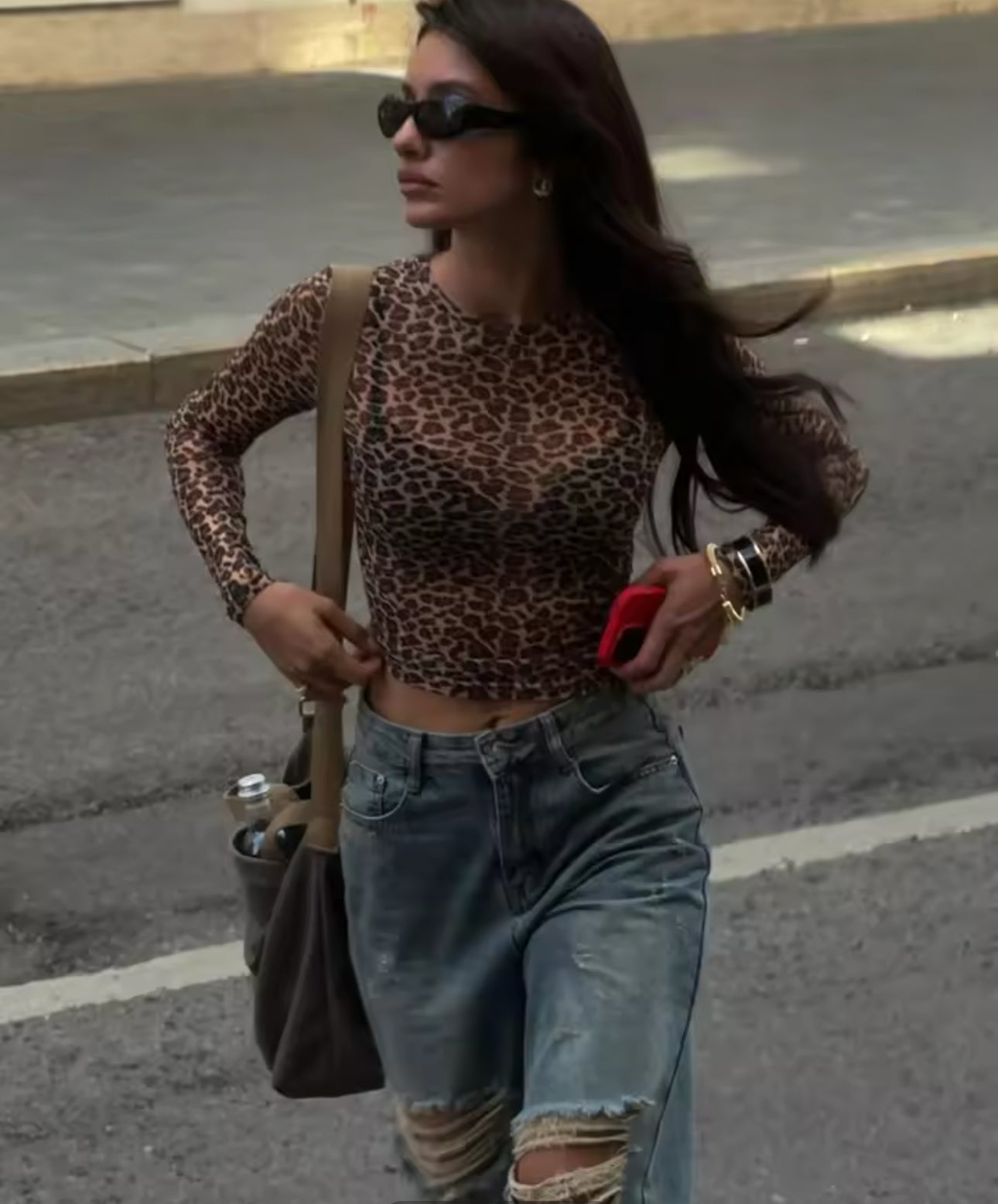 Long sleeve Leopard Print Sheer Top