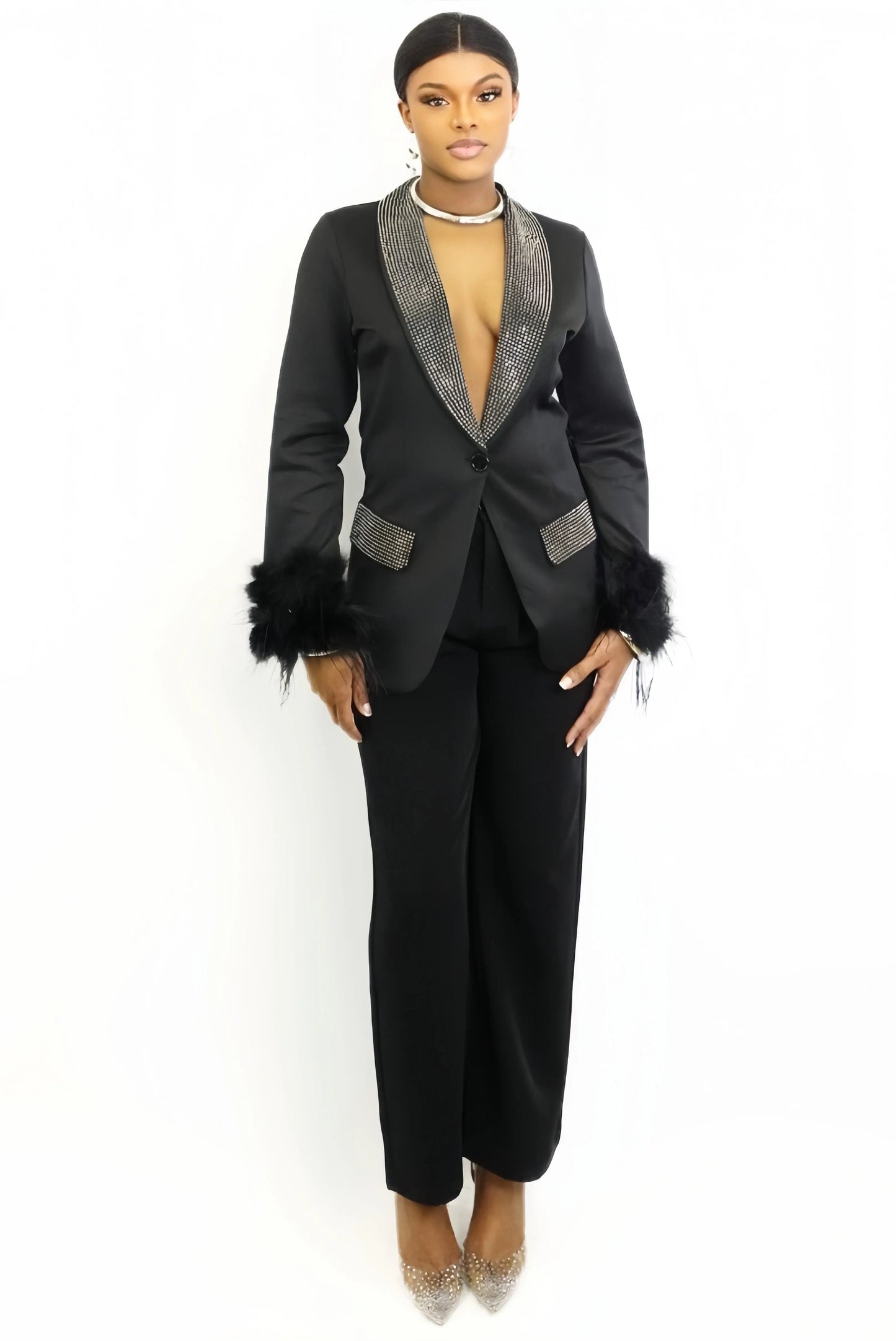 Black Rhinestone Blazer and Tailored Pants Set MANIA BY JENNIFER